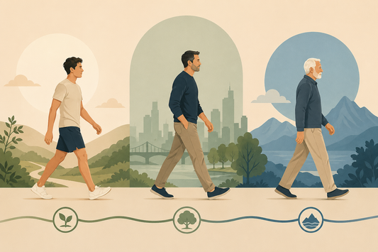 Illustration af tre livsfaser: en mand i 20’erne, 40’erne og 60’erne går fremad i et stiliseret landskab — visualisering af hvordan kroppen og behov ændrer sig gennem livet i et longevity-perspektiv.