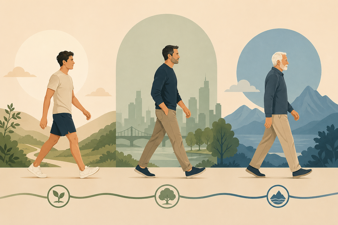 Illustration af tre livsfaser: en mand i 20’erne, 40’erne og 60’erne går fremad i et stiliseret landskab — visualisering af hvordan kroppen og behov ændrer sig gennem livet i et longevity-perspektiv.