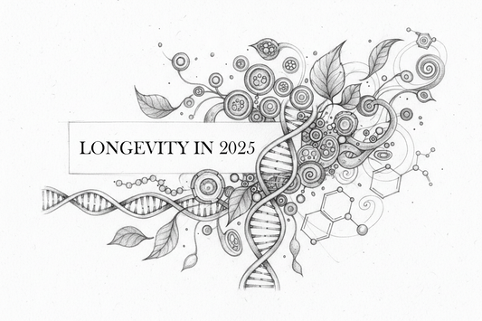 Illustreret DNA-dobbeltspiral med botaniske elementer og molekylærstrukturer — kunstnerisk repræsentation af longevity-forskningens gennembrud i 2025