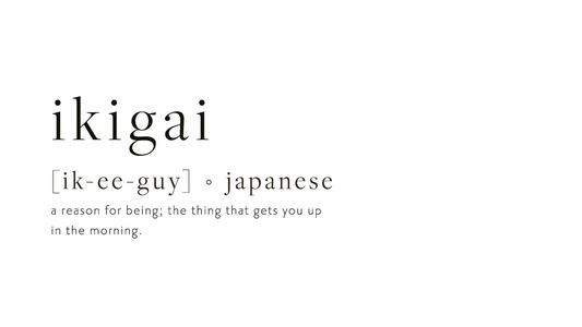Minimalistisk illustration af begrebet ikigai med japansk betydning og definitionen ‘a reason for being’.