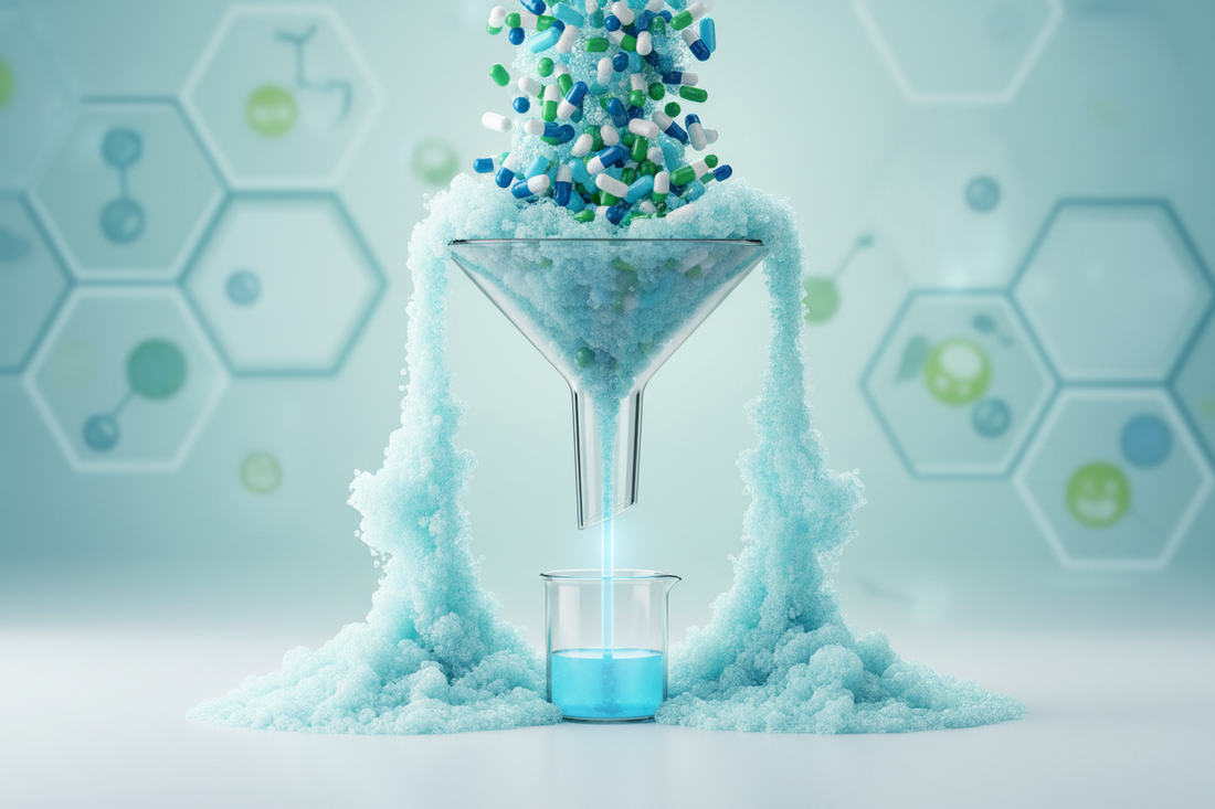 Kapsler der falder ned gennem en tragt med kemiske strukturer i baggrunden — visuel metafor for bioavailability og hvordan kroppen optager kosttilskud